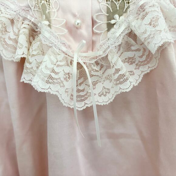 Vintage Anna Pink Satin Lace Embroidered Night Gown Victorian Cottage Regency - Picture 7 of 9